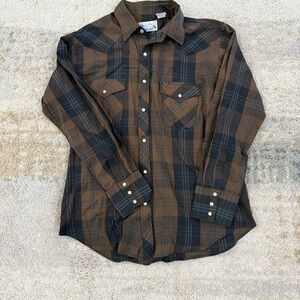 Men's Brown and Black Plaid Button Down western Shirt